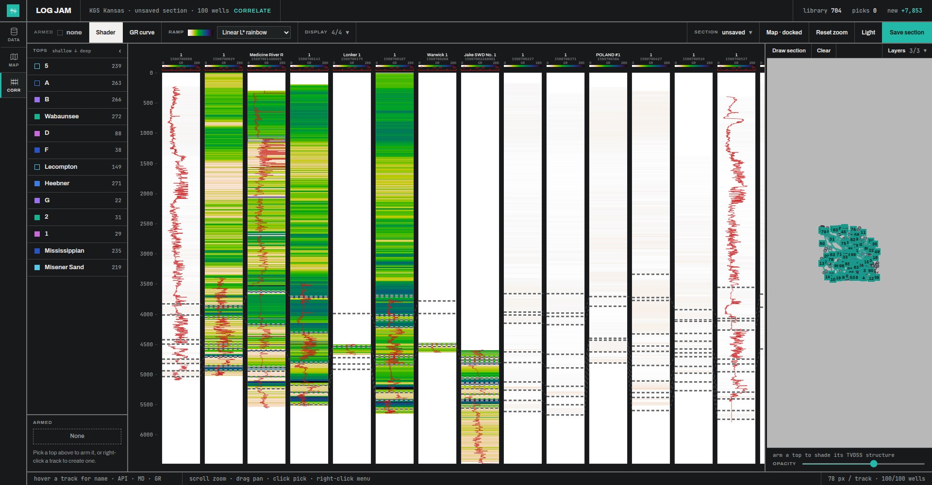 Log Jam correlate module showing a 100-well color-shaded cross section with picked tops